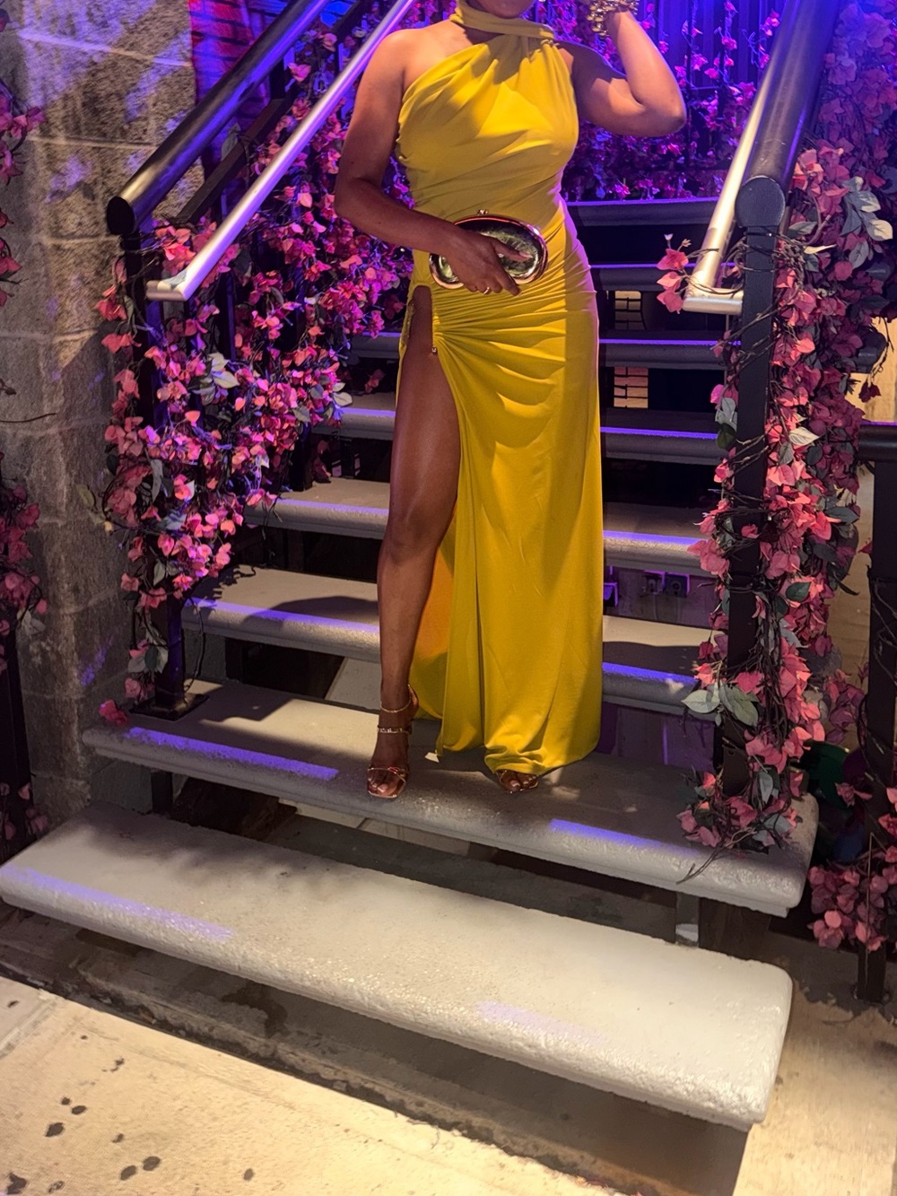 Fashion Nova Yellow Halter Maxi Dress with High Thigh Slit